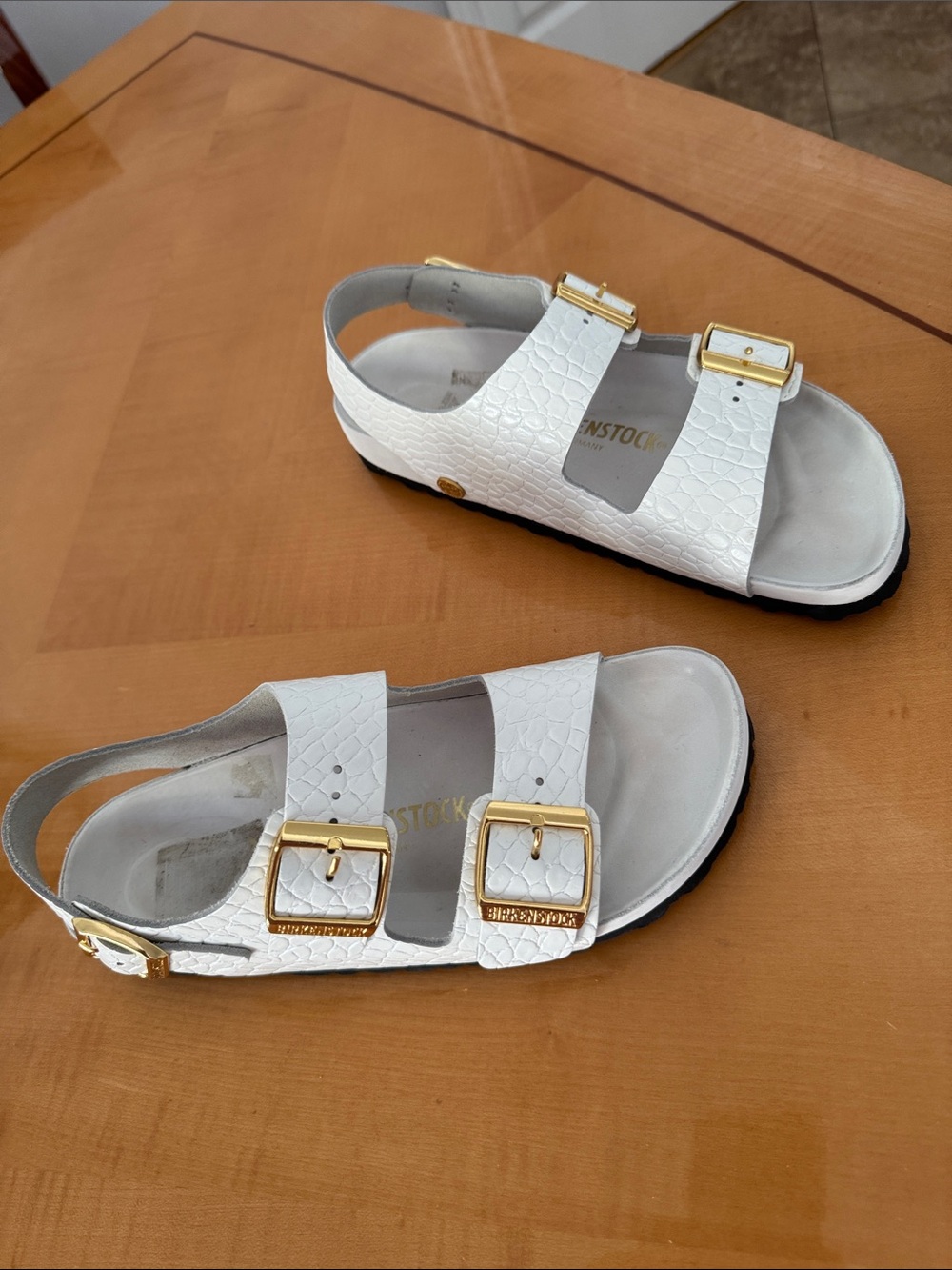 Birkenstock White Two-Strap Slingback Sandal with Gold Buckles